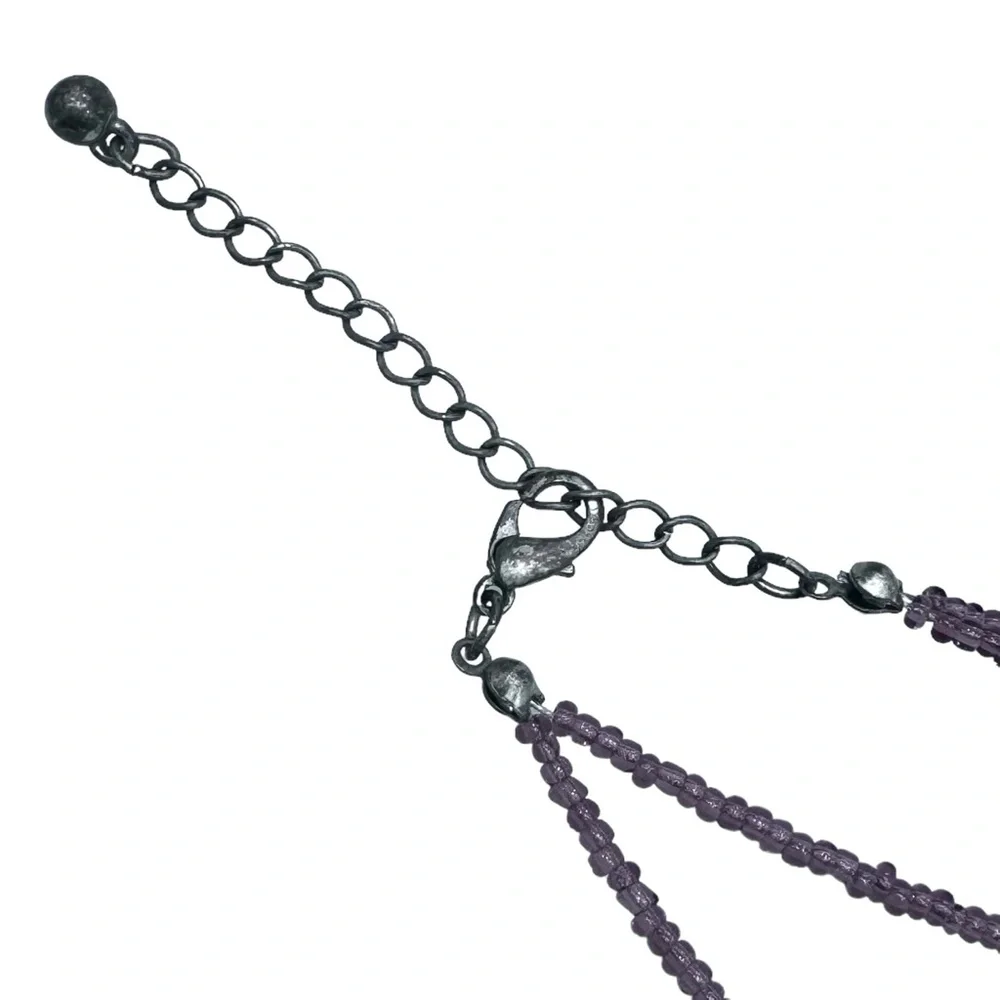 SILVER TONE 3 FILAGREE HEARTS W PURPLE CRYSTALS PENDANT ON PURPLE BEAD NECKLACE